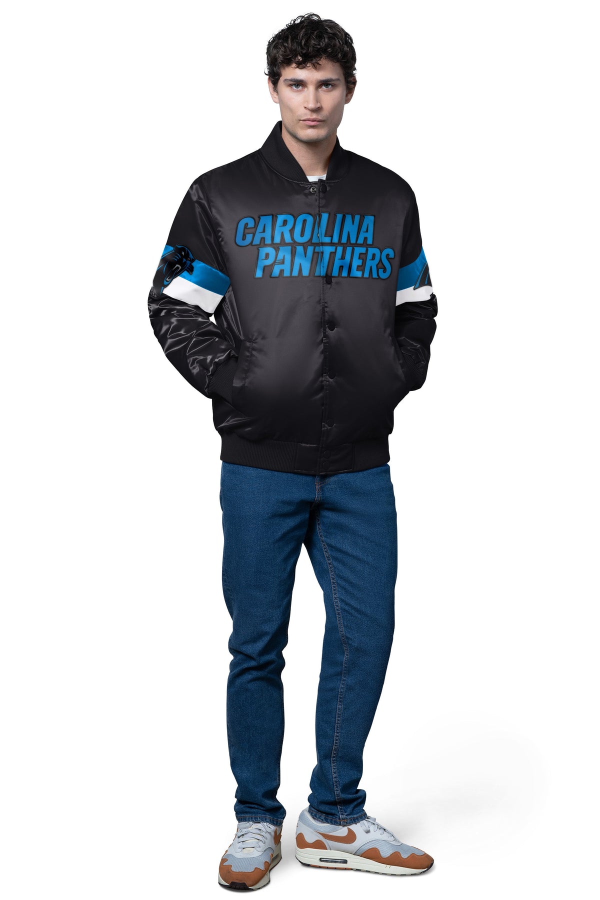 Starter Popular / MENS CAROLINA PANTHERS TRIPLE OPTION SATIN VARSITY JACKET