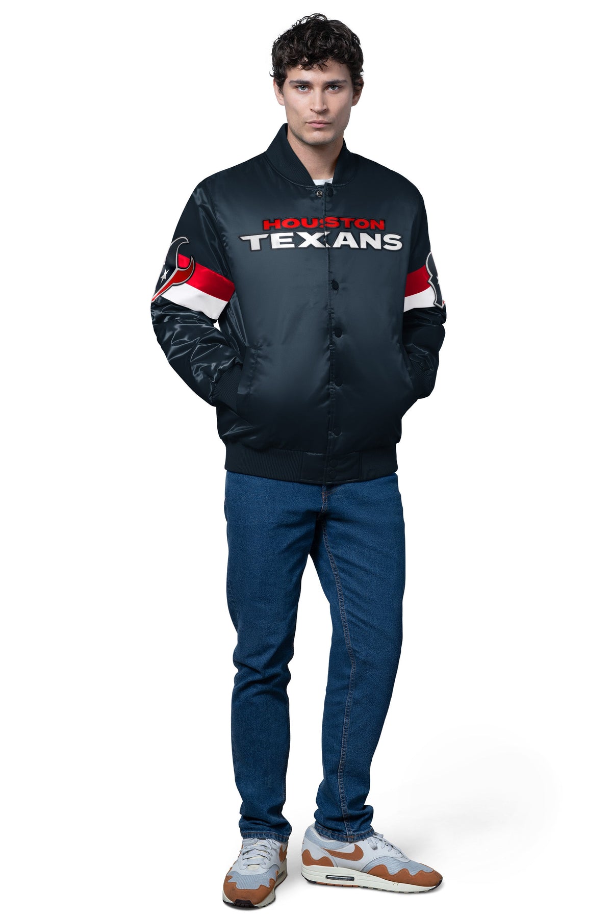 Starter Best Seller / MENS HOUSTON TEXANS TRIPLE OPTION SATIN VARSITY JACKET