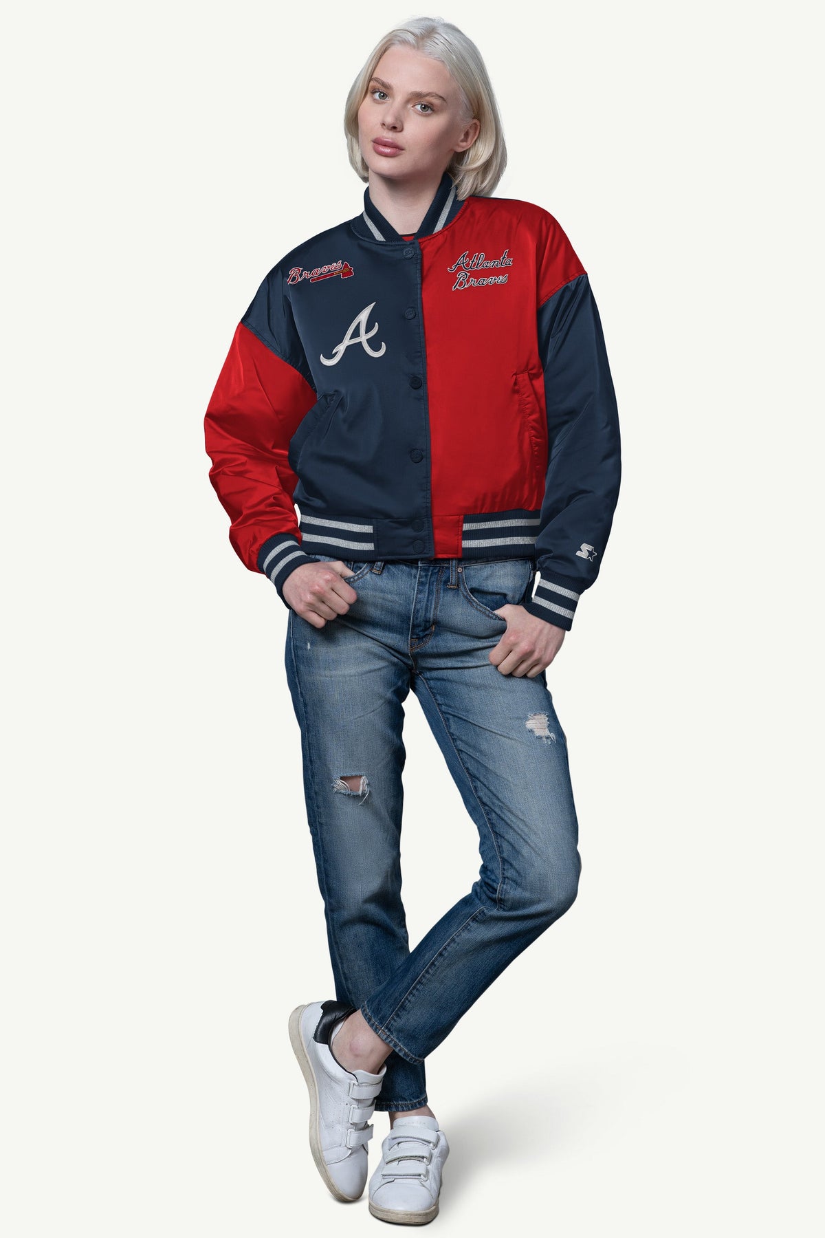 Starter Featured / WOMENS ATLANTA BRAVES OFFSIDE SATIN VARSITY JACKET