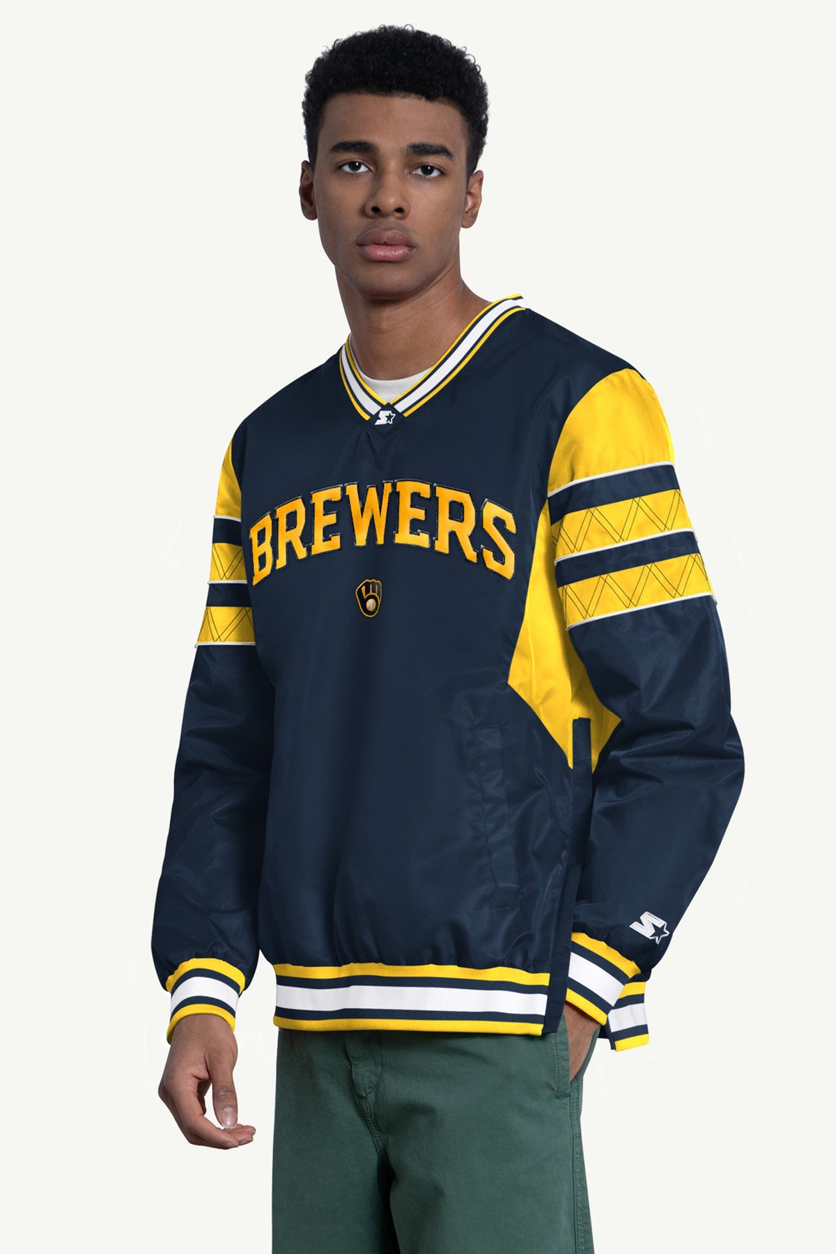 Starter New / MENS MILWAUKEE BREWERS ENFORCER V-NECK PULLOVER JACKET