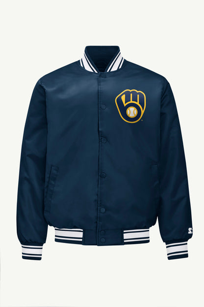 Starter Deals / MENS MILWAUKEE BREWERS PRINTED HOMEPLATE SATIN VARSITY JACKET
