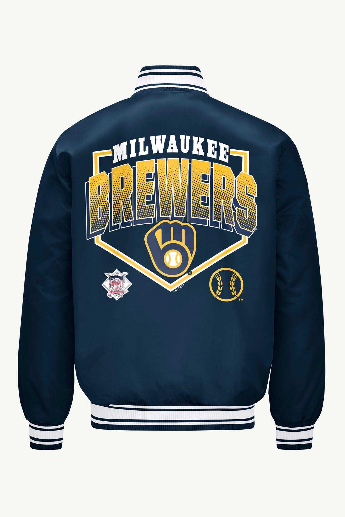 Starter Deals / MENS MILWAUKEE BREWERS PRINTED HOMEPLATE SATIN VARSITY JACKET