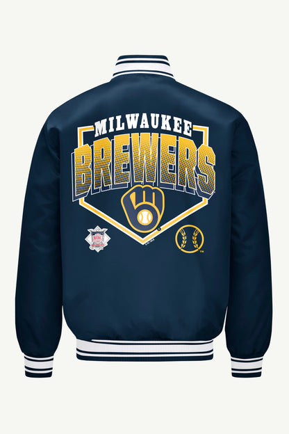 Starter Deals / MENS MILWAUKEE BREWERS PRINTED HOMEPLATE SATIN VARSITY JACKET