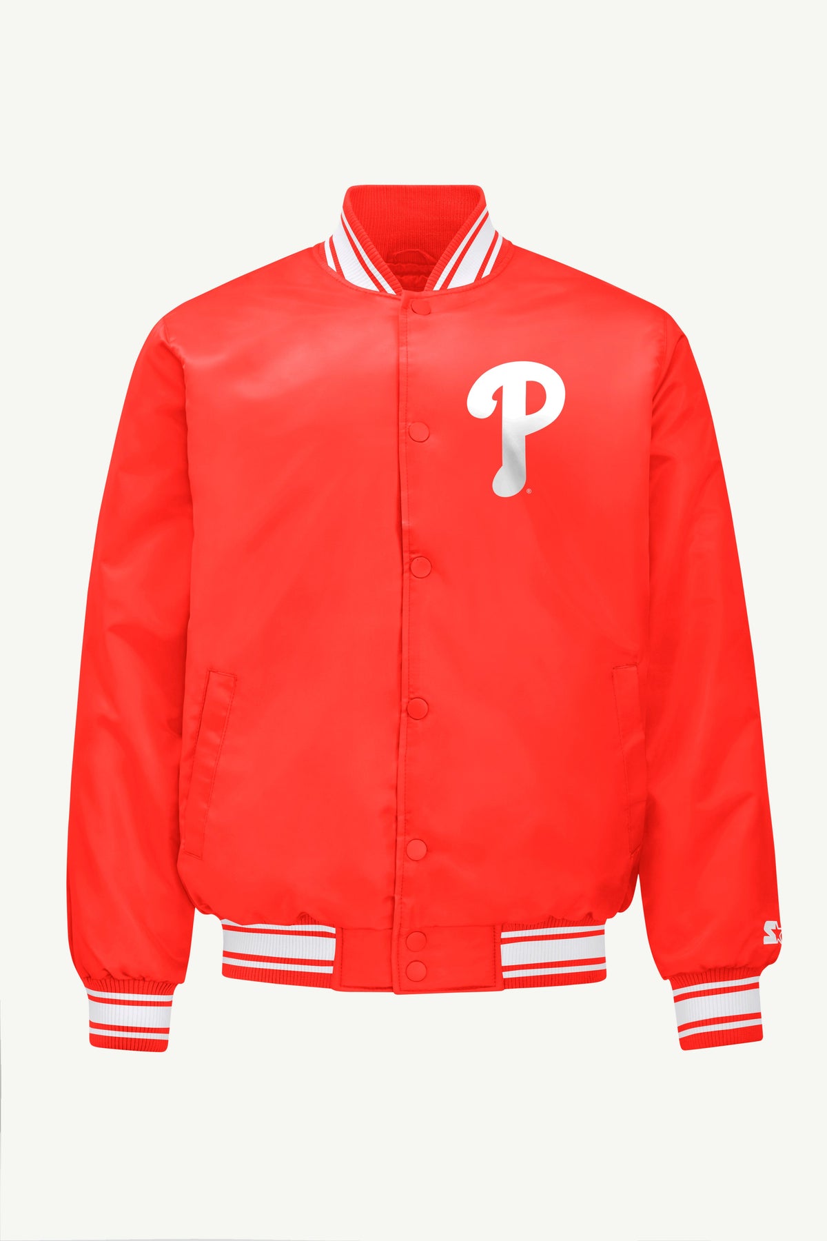 Starter Sale / MENS PHILADELPHIA PHILLIES PRINTED HOMEPLATE SATIN VARSITY JACKET