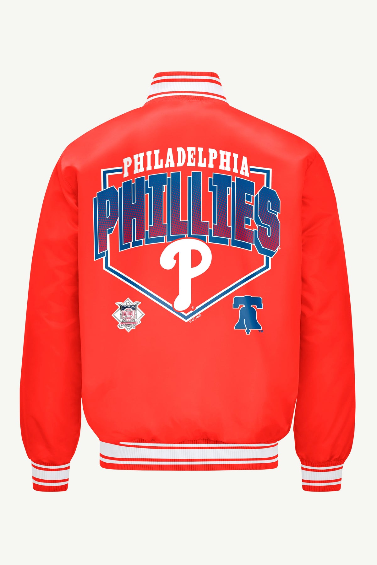 Starter Sale / MENS PHILADELPHIA PHILLIES PRINTED HOMEPLATE SATIN VARSITY JACKET