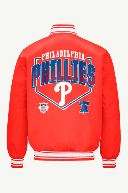 Starter Sale / MENS PHILADELPHIA PHILLIES PRINTED HOMEPLATE SATIN VARSITY JACKET