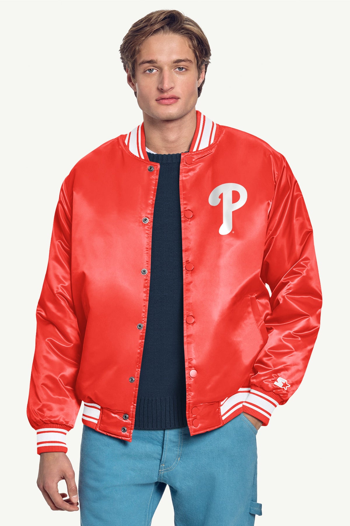 Starter Sale / MENS PHILADELPHIA PHILLIES PRINTED HOMEPLATE SATIN VARSITY JACKET