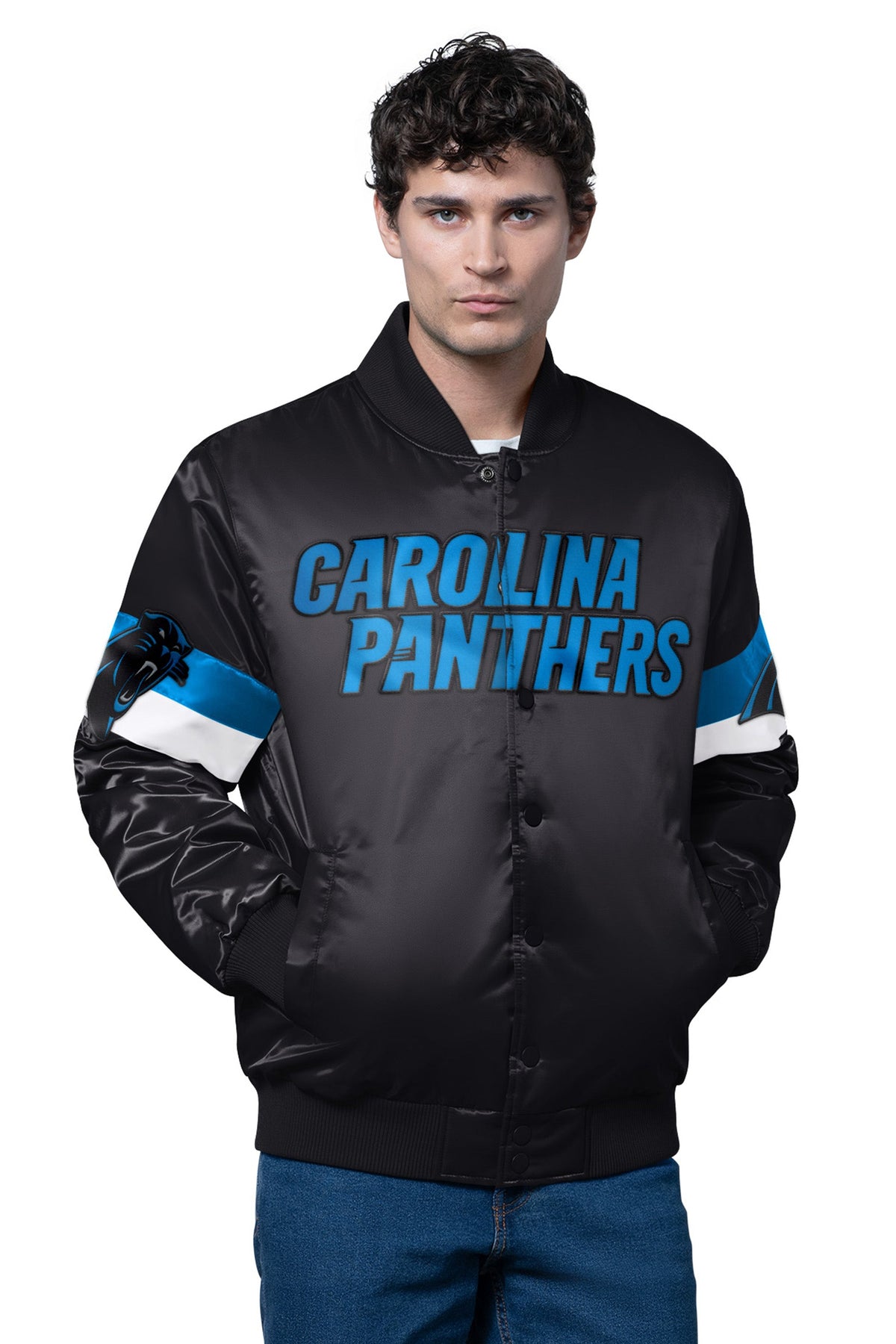 Starter Popular / MENS CAROLINA PANTHERS TRIPLE OPTION SATIN VARSITY JACKET