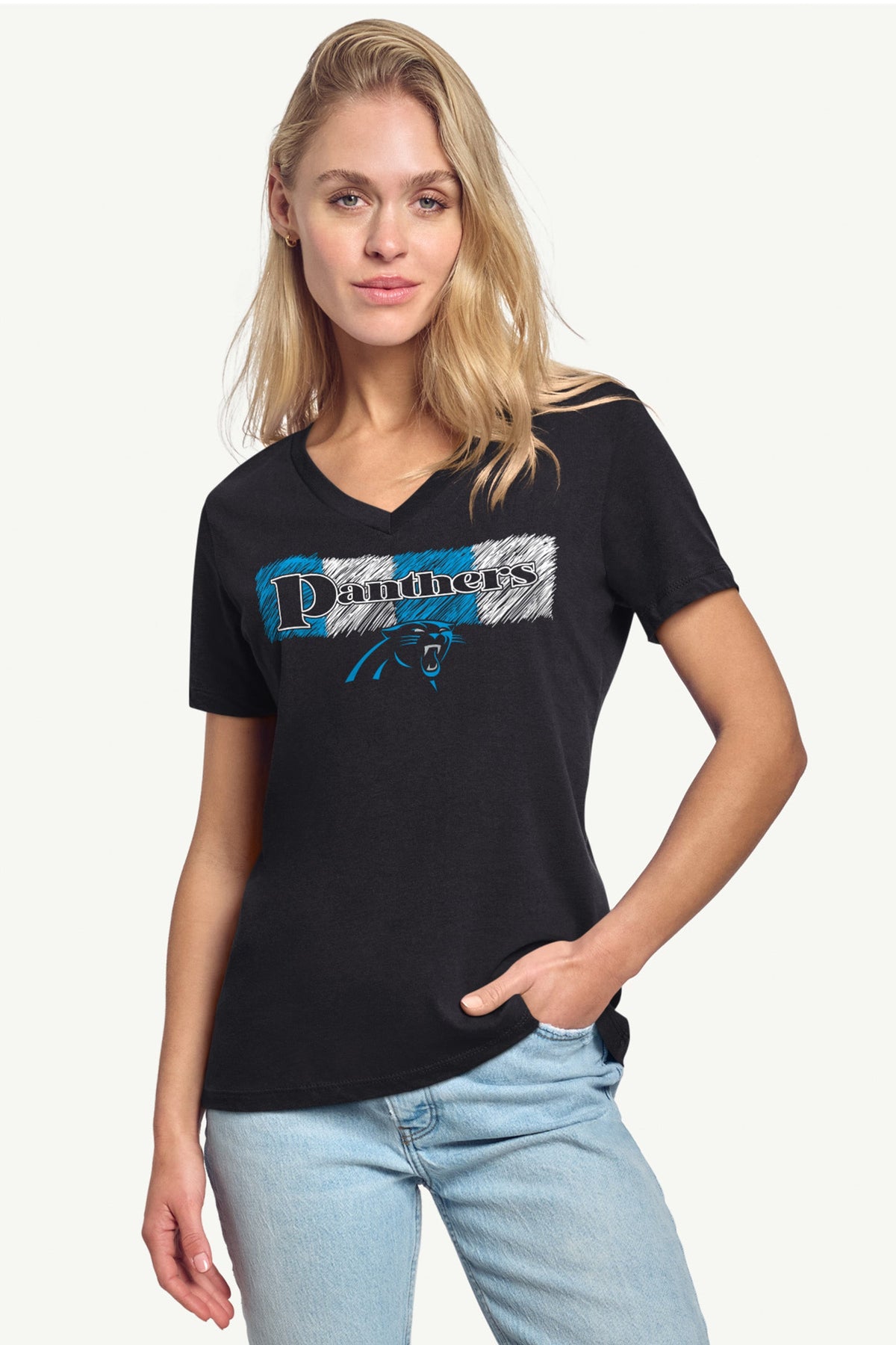 Starter Exclusive / WOMENS CAROLINA PANTHERS COLOR SHADING V-NECK T SHIRT