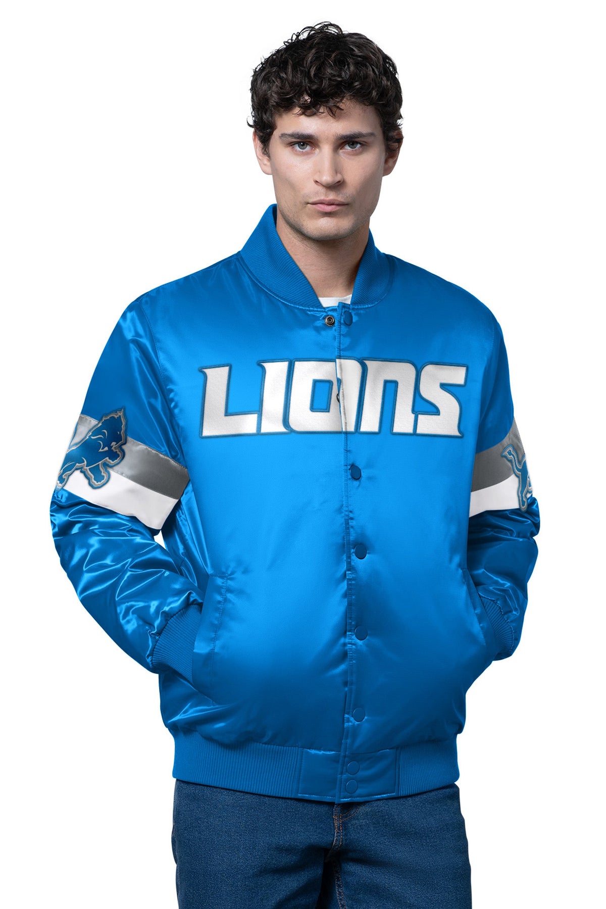Starter Featured / MENS DETROIT LIONS TRIPLE OPTION SATIN VARSITY JACKET