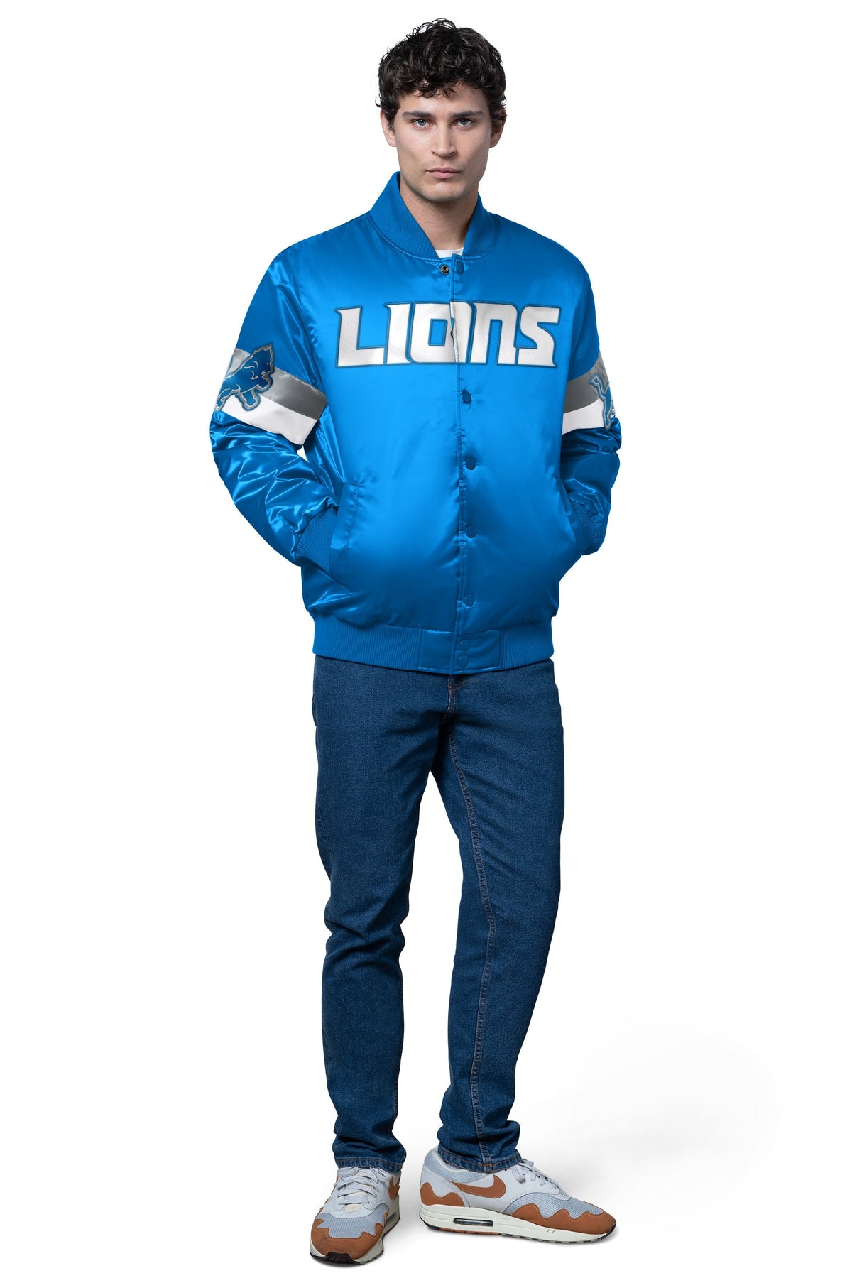 Starter Featured / MENS DETROIT LIONS TRIPLE OPTION SATIN VARSITY JACKET