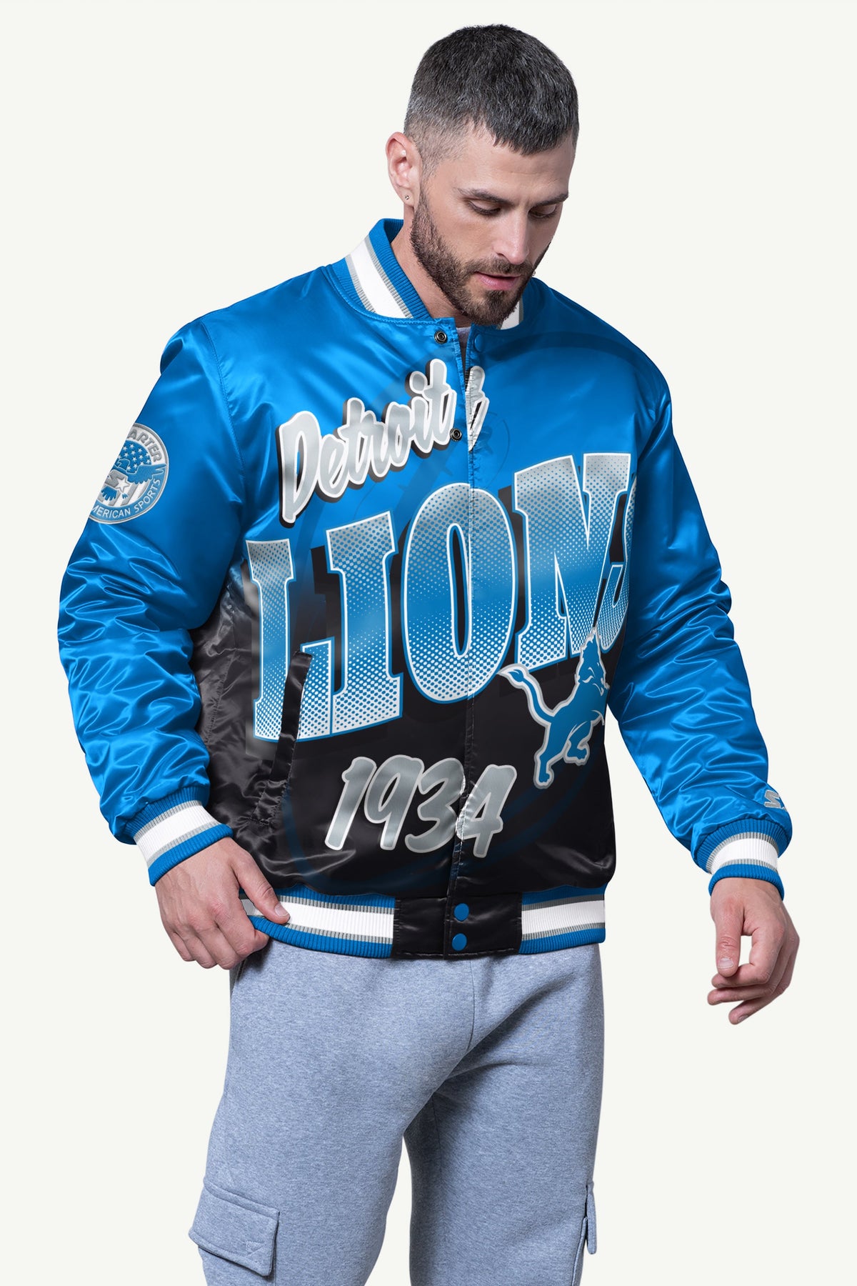 Starter Best Seller / MENS DETROIT LIONS PASS RUSH SATIN VARSITY JACKET