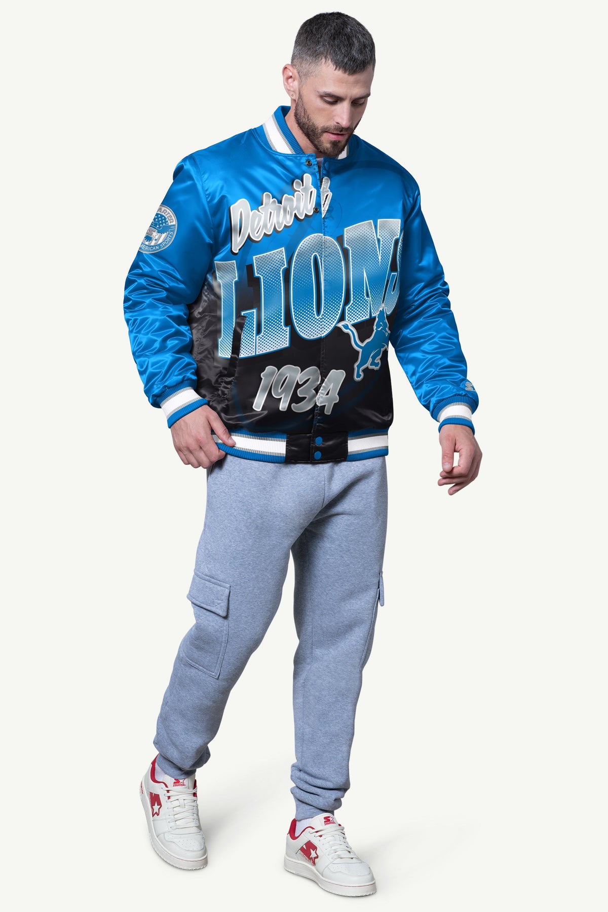 Starter Best Seller / MENS DETROIT LIONS PASS RUSH SATIN VARSITY JACKET