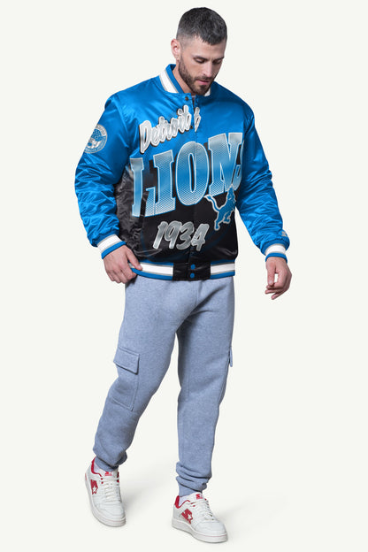 Starter Best Seller / MENS DETROIT LIONS PASS RUSH SATIN VARSITY JACKET