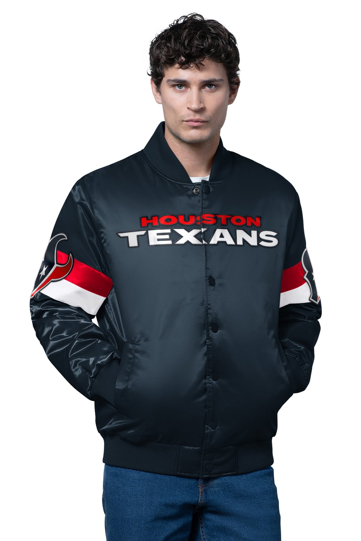 Starter Best Seller / MENS HOUSTON TEXANS TRIPLE OPTION SATIN VARSITY JACKET