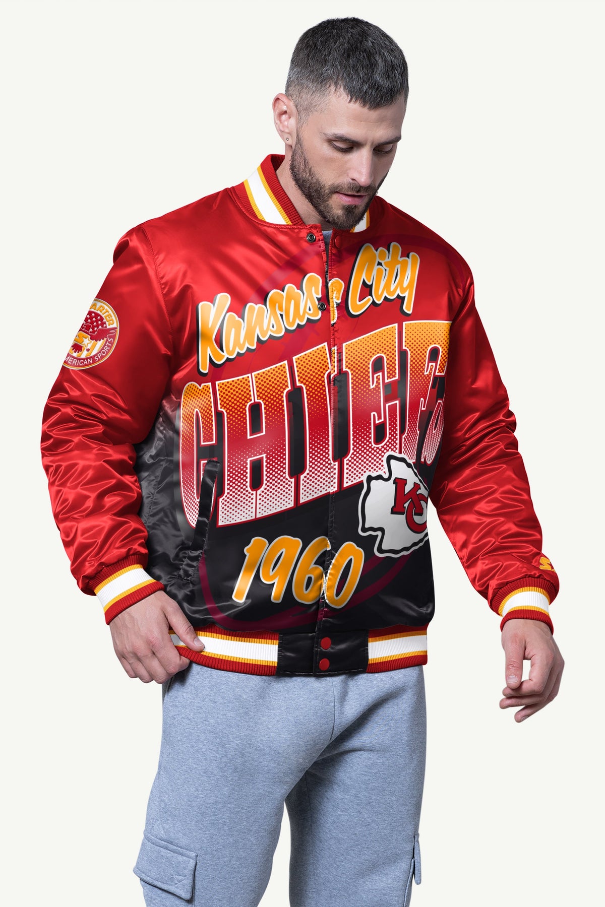 Starter Best Seller / MENS KANSAS CITY CHIEFS PASS RUSH SATIN VARSITY JACKET