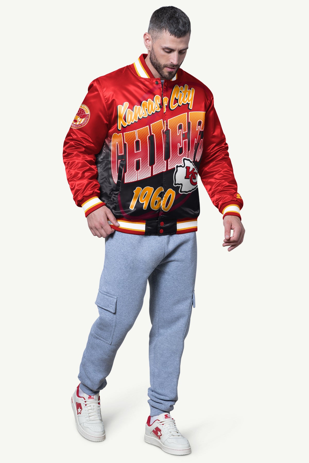 Starter Best Seller / MENS KANSAS CITY CHIEFS PASS RUSH SATIN VARSITY JACKET