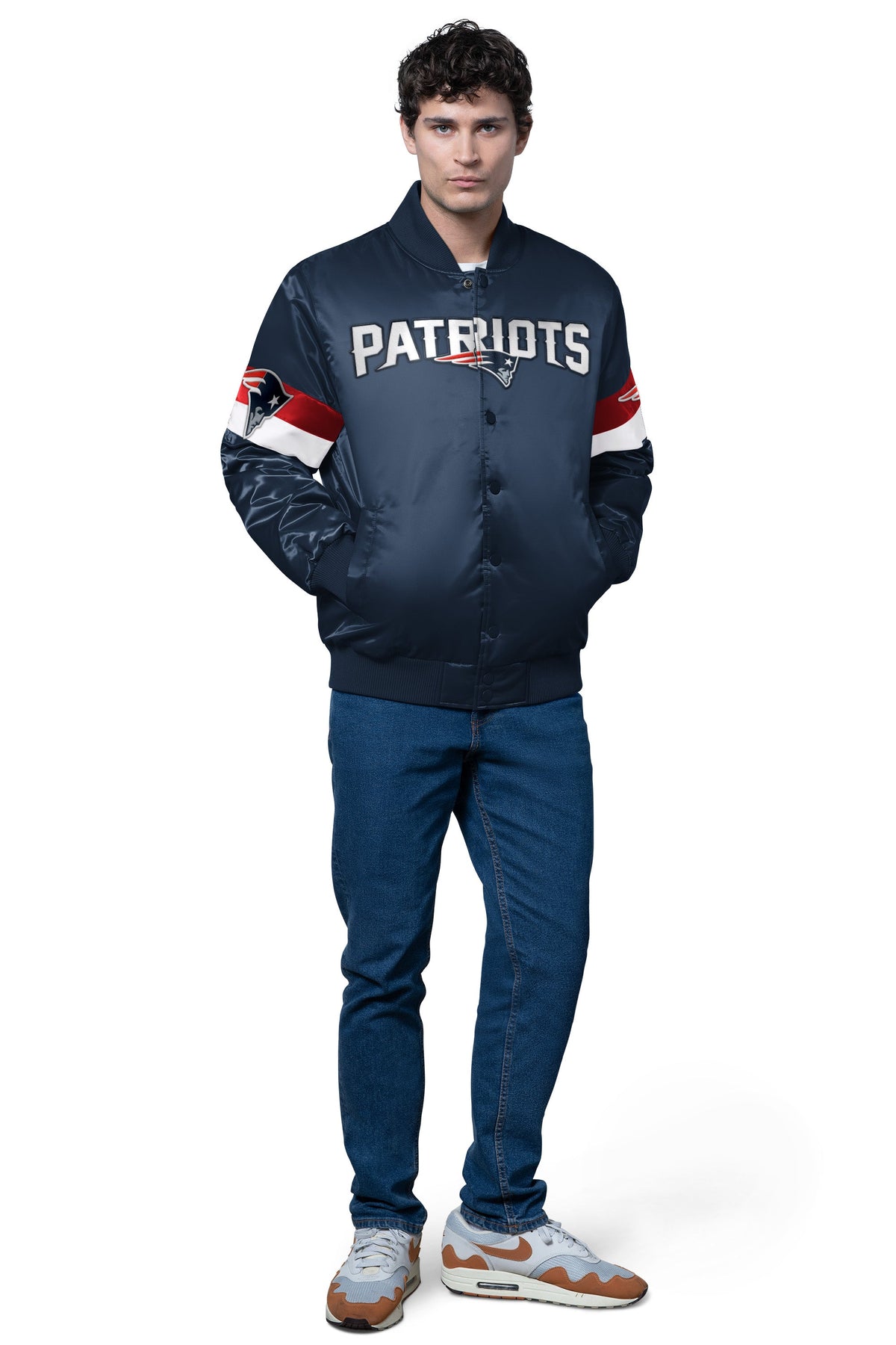 Starter New / MENS NEW ENGLAND PATRIOTS TRIPLE OPTION SATIN VARSITY JACKET