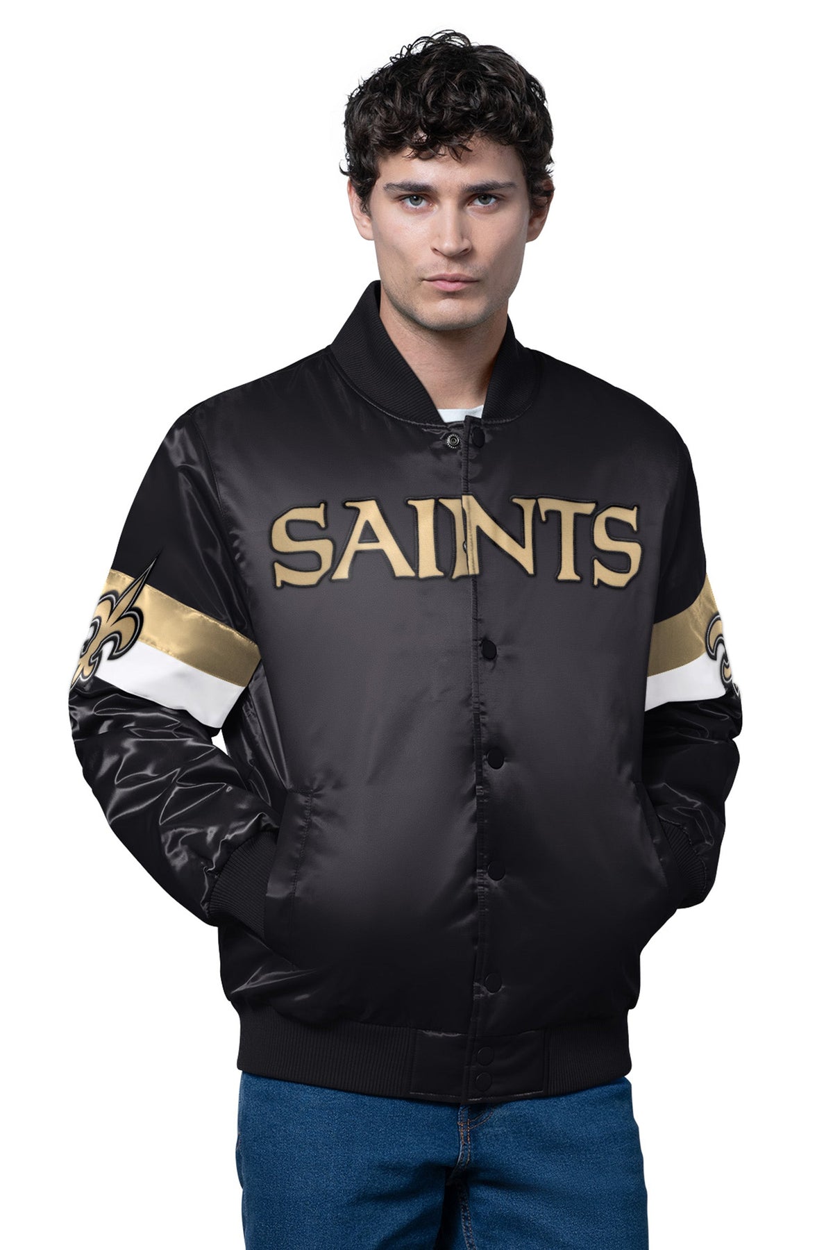 Starter Discount / MENS NEW ORLEANS SAINTS TRIPLE OPTION SATIN VARSITY JACKET