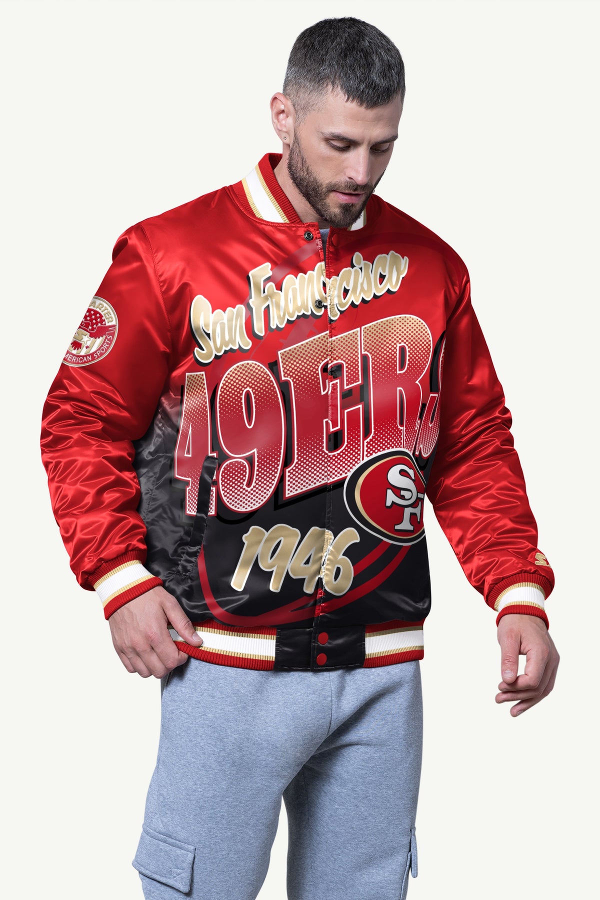 Starter Sale / MENS SAN FRANCISCO 49ERS PASS RUSH SATIN VARSITY JACKET