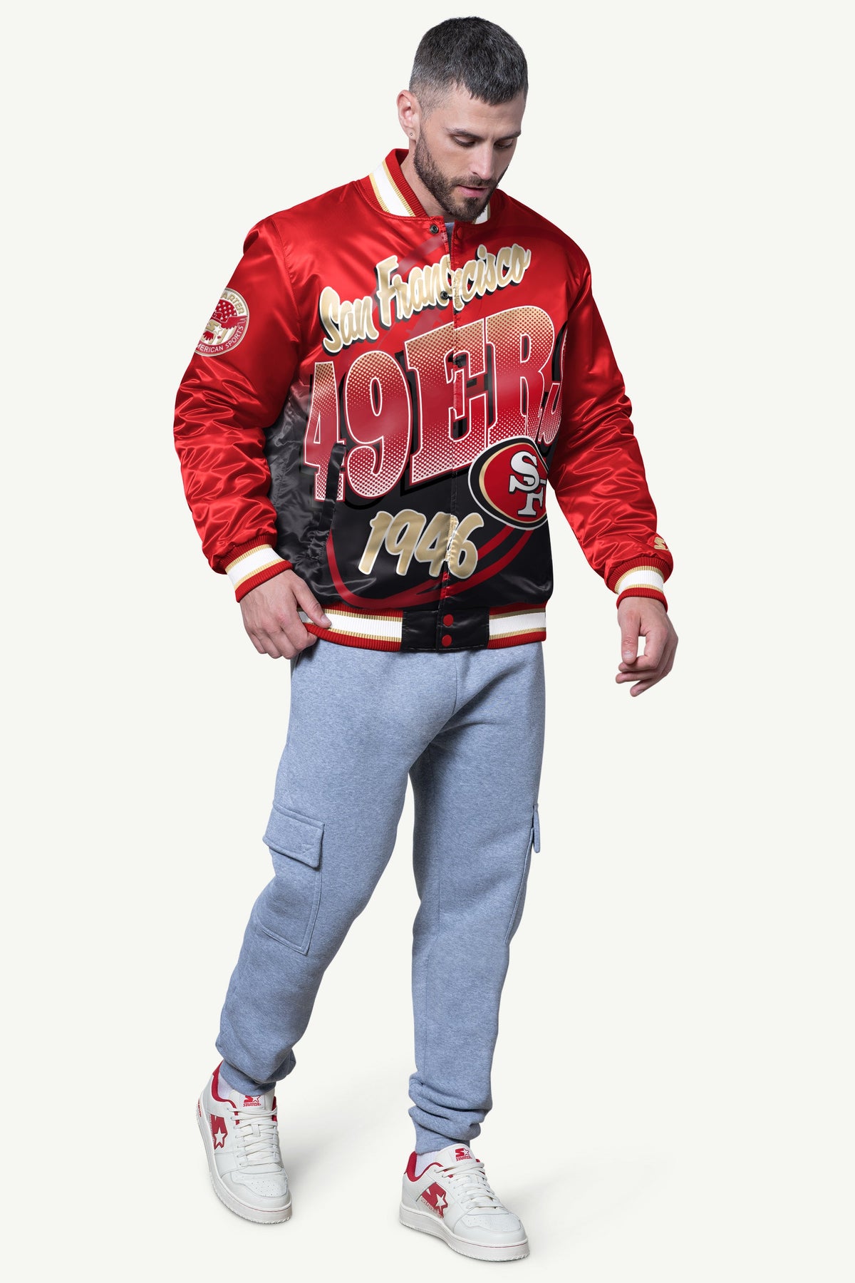 Starter Sale / MENS SAN FRANCISCO 49ERS PASS RUSH SATIN VARSITY JACKET