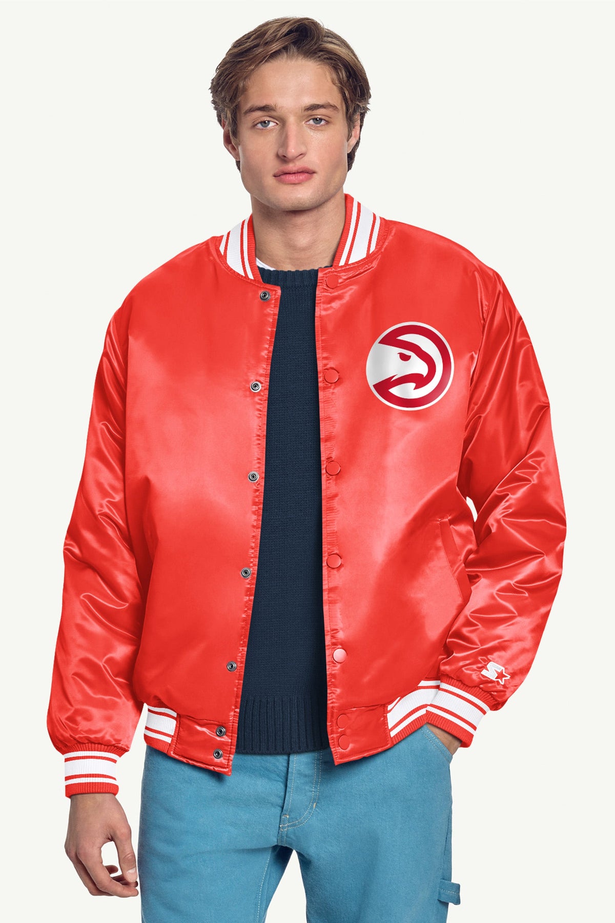 Starter New / MENS ATLANTA HAWKS PRINTED GRAPHIC SATIN VARSITY JACKET