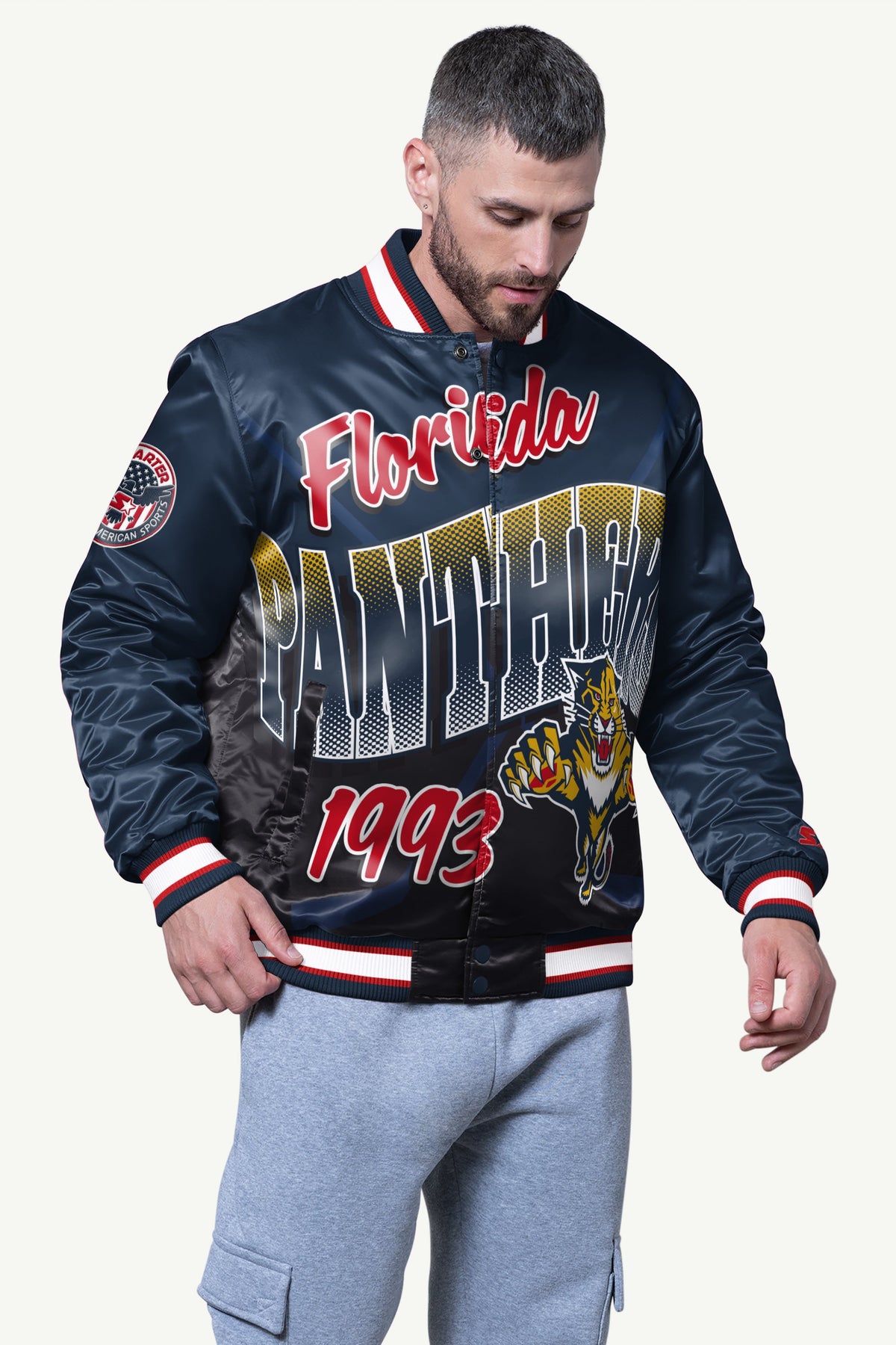 Starter Classic / MENS FLORIDA PANTHERS PASS RUSH SATIN VARSITY JACKET