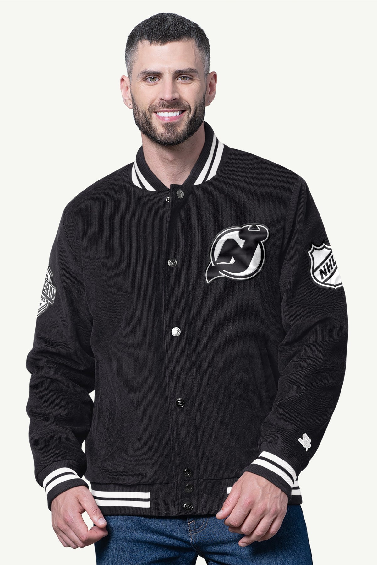 Starter Featured / MENS NEW JERSEY DEVILS BLACKOUT CORDUROY VARSITY JACKET