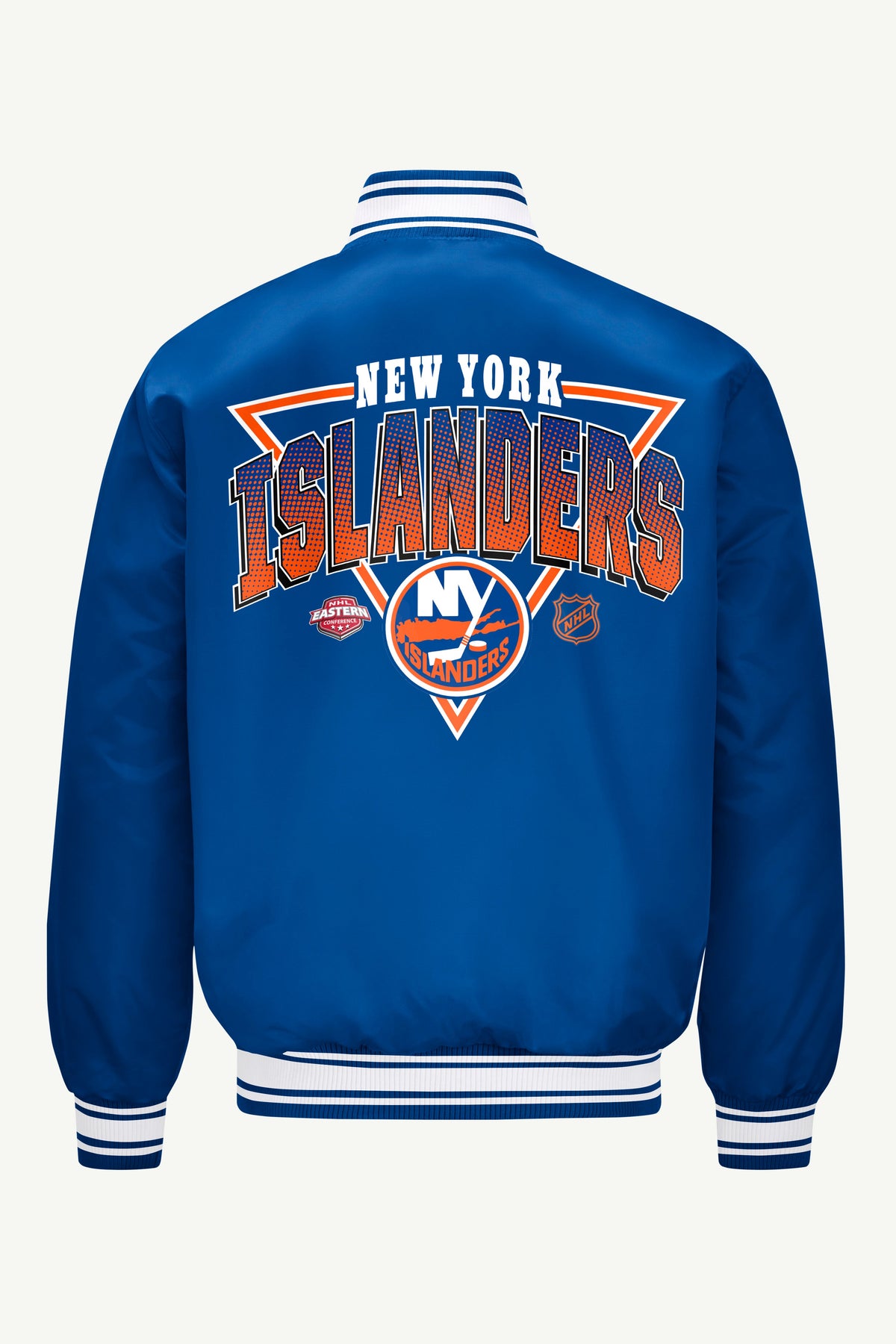 Starter Featured / MENS NEW YORK ISLANDERS PRINTED GRAPHIC TRIANGLE SATIN VARSITY JACKET