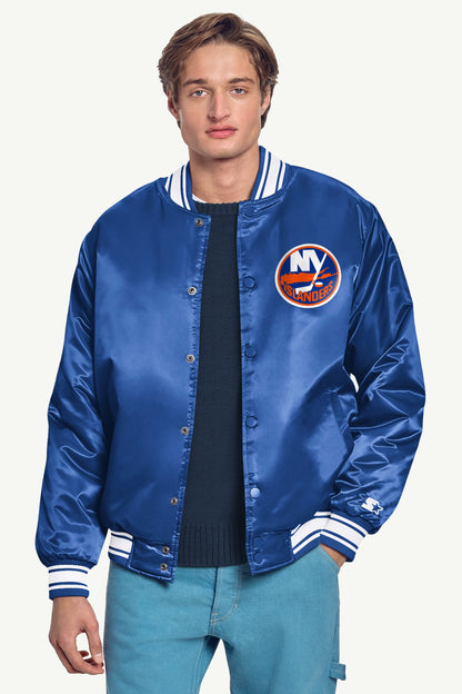 Starter Featured / MENS NEW YORK ISLANDERS PRINTED GRAPHIC TRIANGLE SATIN VARSITY JACKET