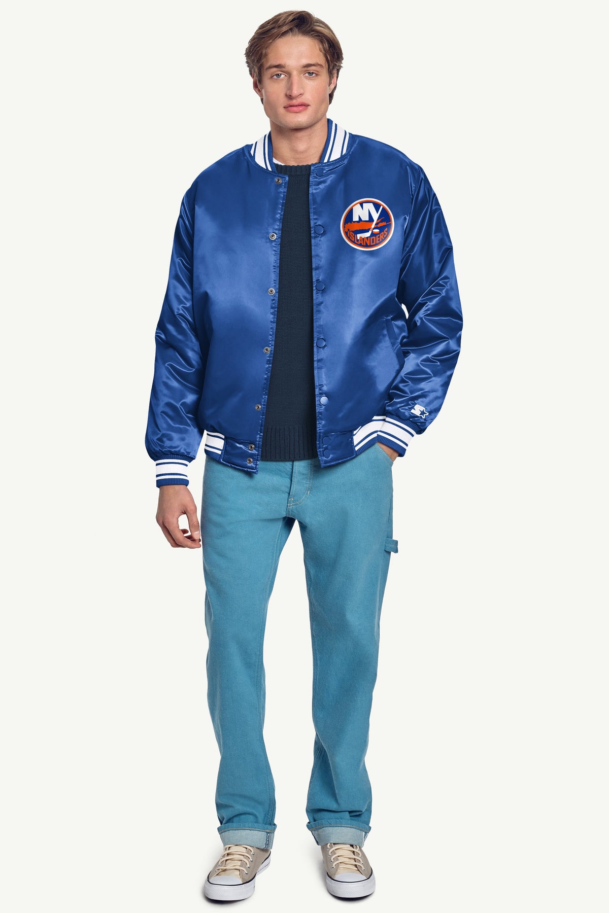 Starter Featured / MENS NEW YORK ISLANDERS PRINTED GRAPHIC TRIANGLE SATIN VARSITY JACKET
