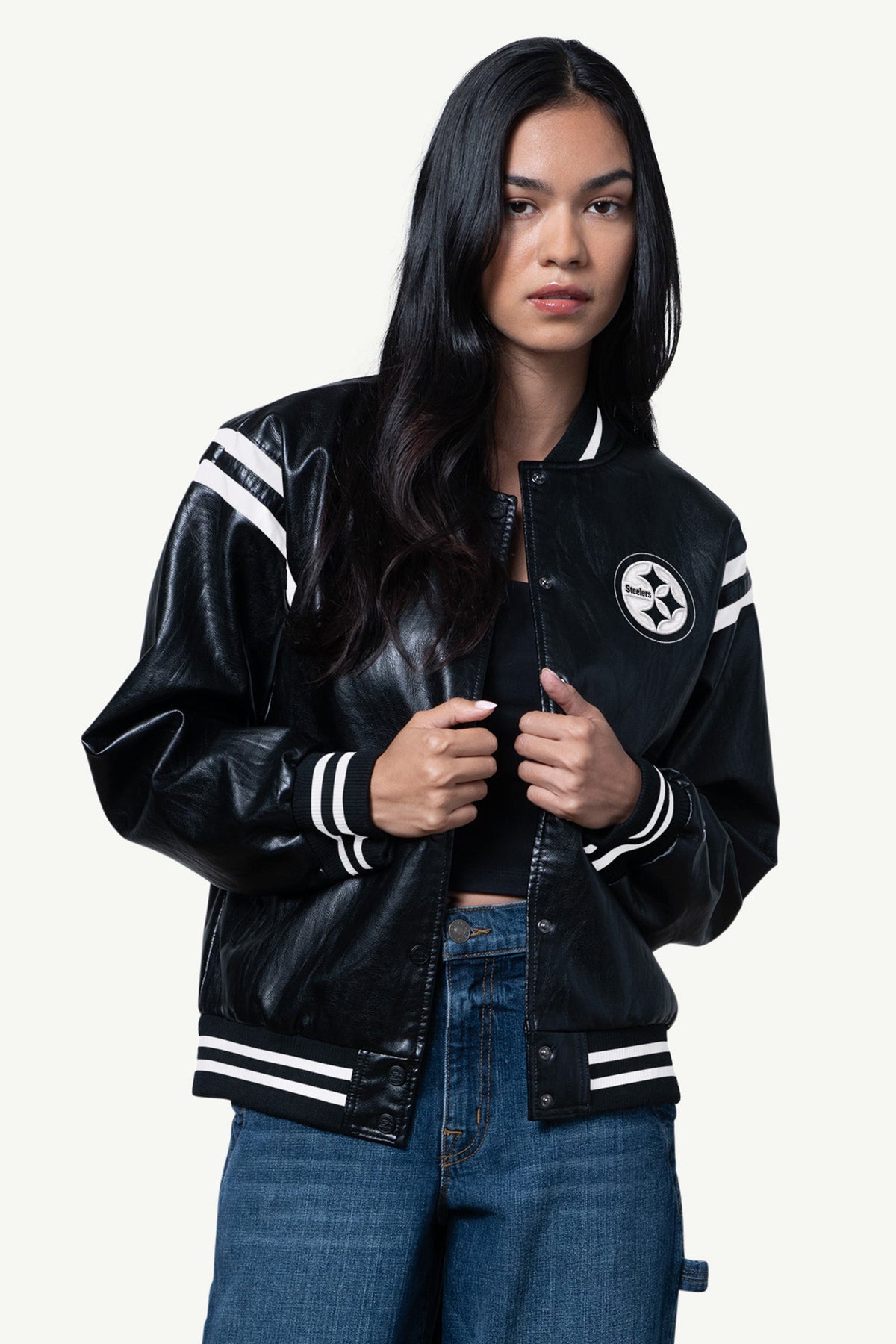 Starter Discount / WOMENS PITTSBURGH STEELERS FAUX LEATHER VARSITY JACKET