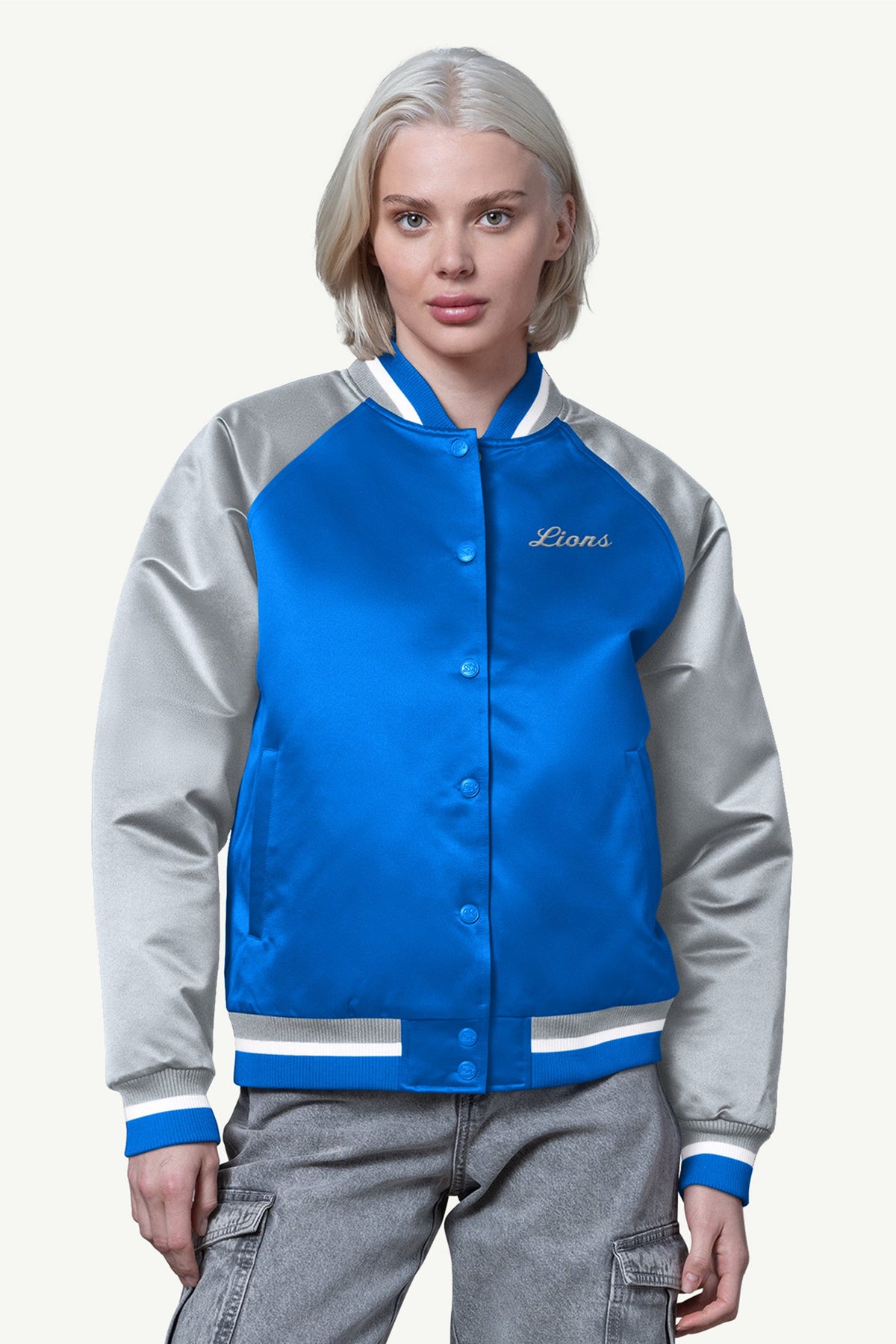 Starter Featured / WOMENS DETROIT LIONS FINAL SCORE SATIN VARSITY JACKET