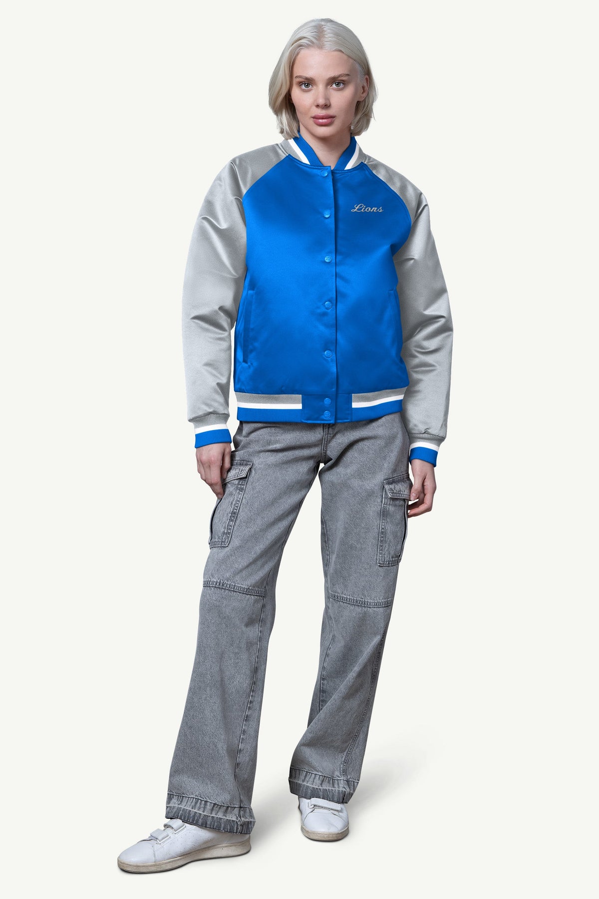 Starter Featured / WOMENS DETROIT LIONS FINAL SCORE SATIN VARSITY JACKET