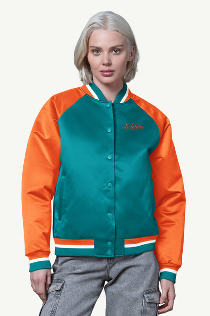Starter Featured / WOMENS MIAMI DOLPHINS FINAL SCORE SATIN VARSITY JACKET