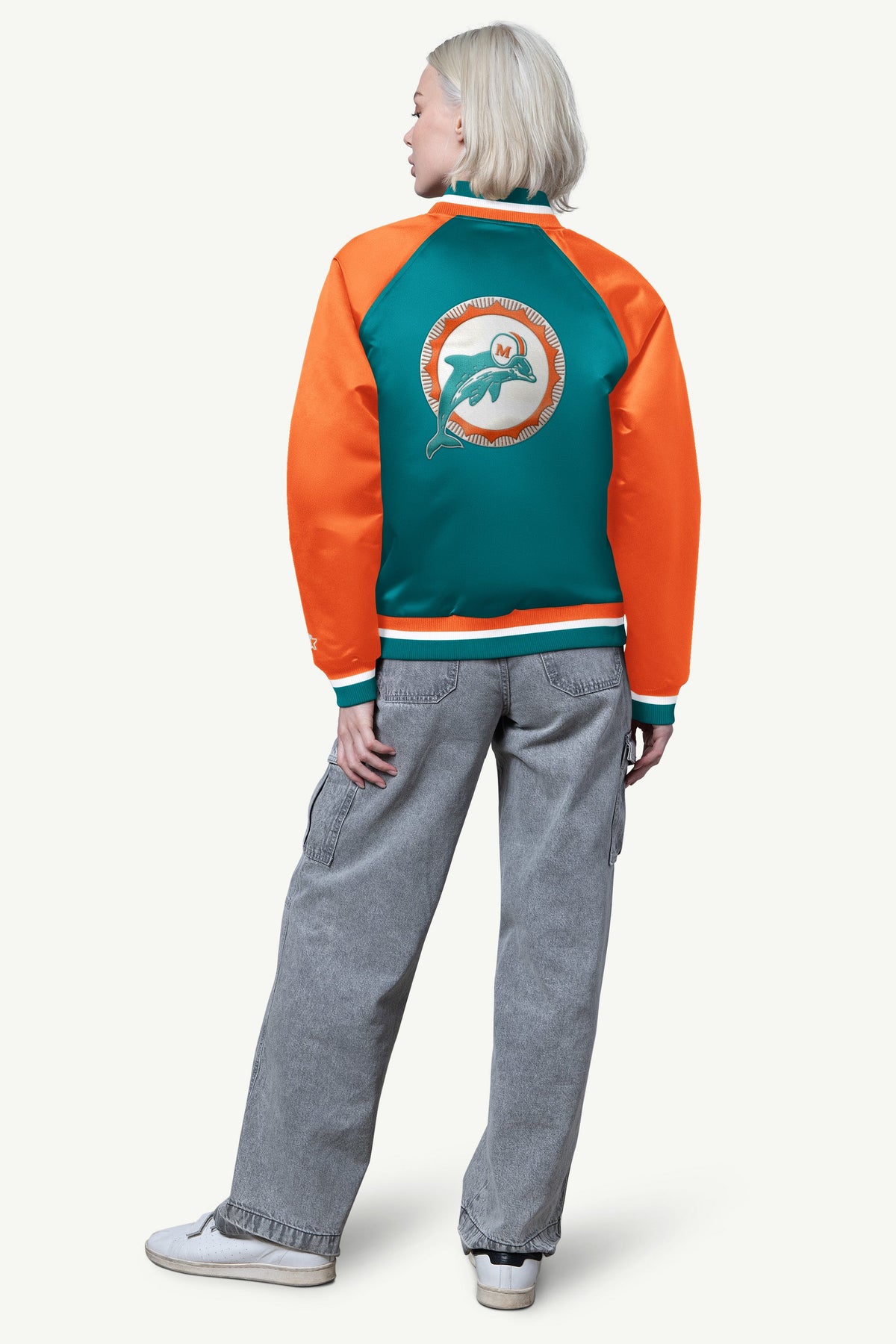 Starter Featured / WOMENS MIAMI DOLPHINS FINAL SCORE SATIN VARSITY JACKET