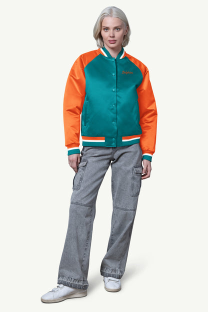 Starter Featured / WOMENS MIAMI DOLPHINS FINAL SCORE SATIN VARSITY JACKET