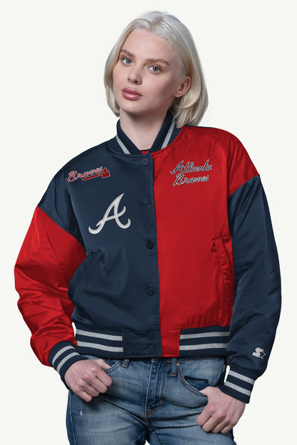 Starter Featured / WOMENS ATLANTA BRAVES OFFSIDE SATIN VARSITY JACKET