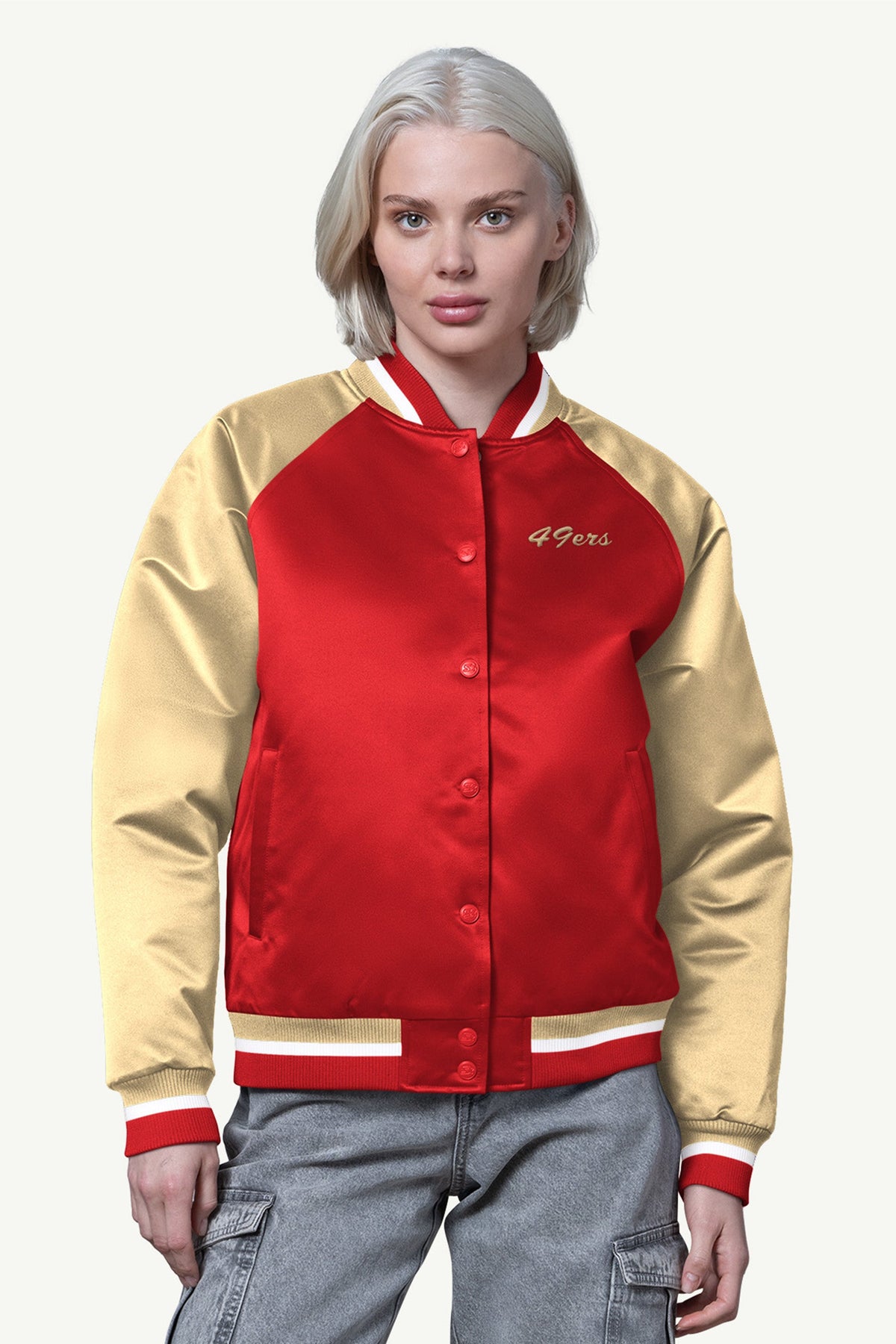 Starter Discount / WOMENS SAN FRANCISCO 49ERS FINAL SCORE SATIN VARSITY JACKET